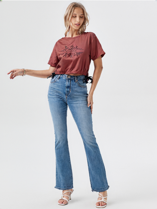 wearOn Bubble Texture Drawstring Crop Top - Solid Color