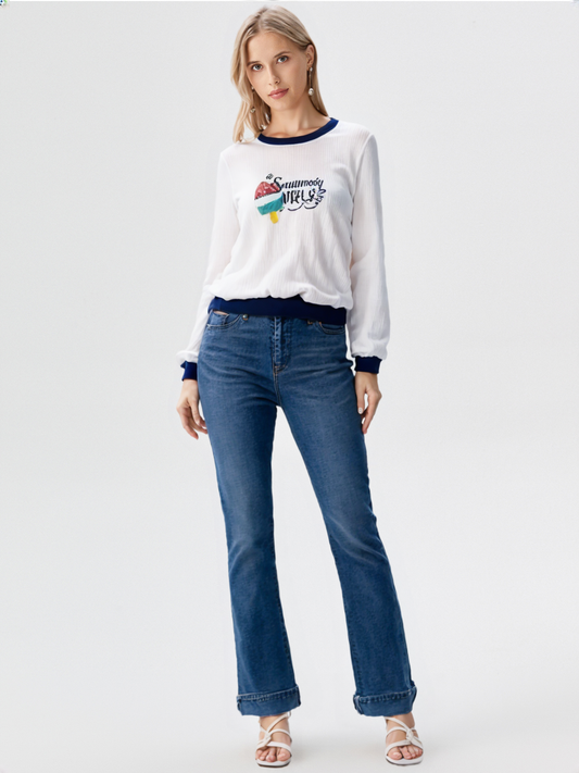 wearOn Long Sleeve Terrycloth Embroidered Top with Ribbed Detail