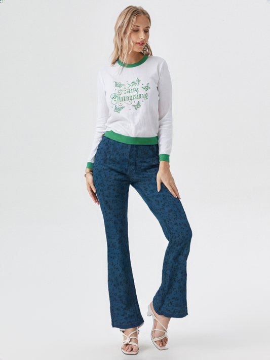 wearOn Geometric Diamond Knit Top - Ribbed Crew Neck