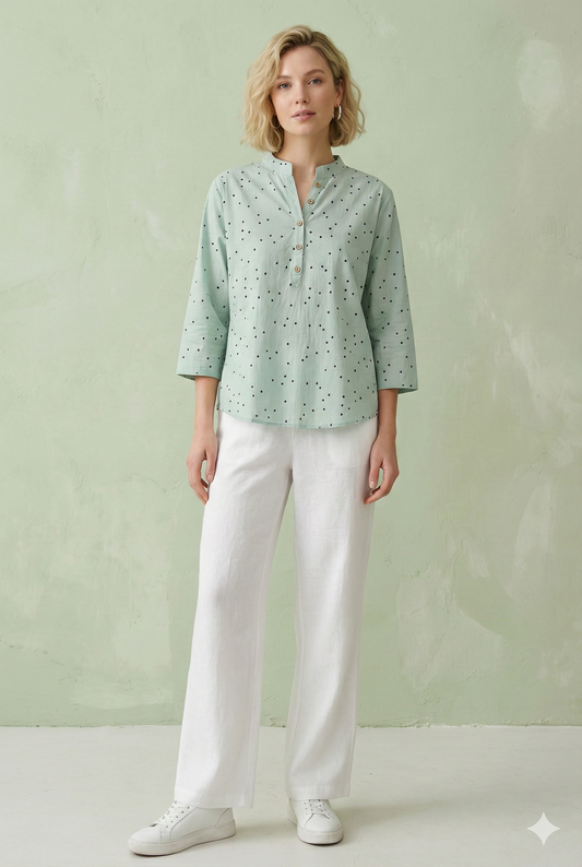 Woman wearing the wearOn Heritage Dot Blouse with V-neckline in Green.