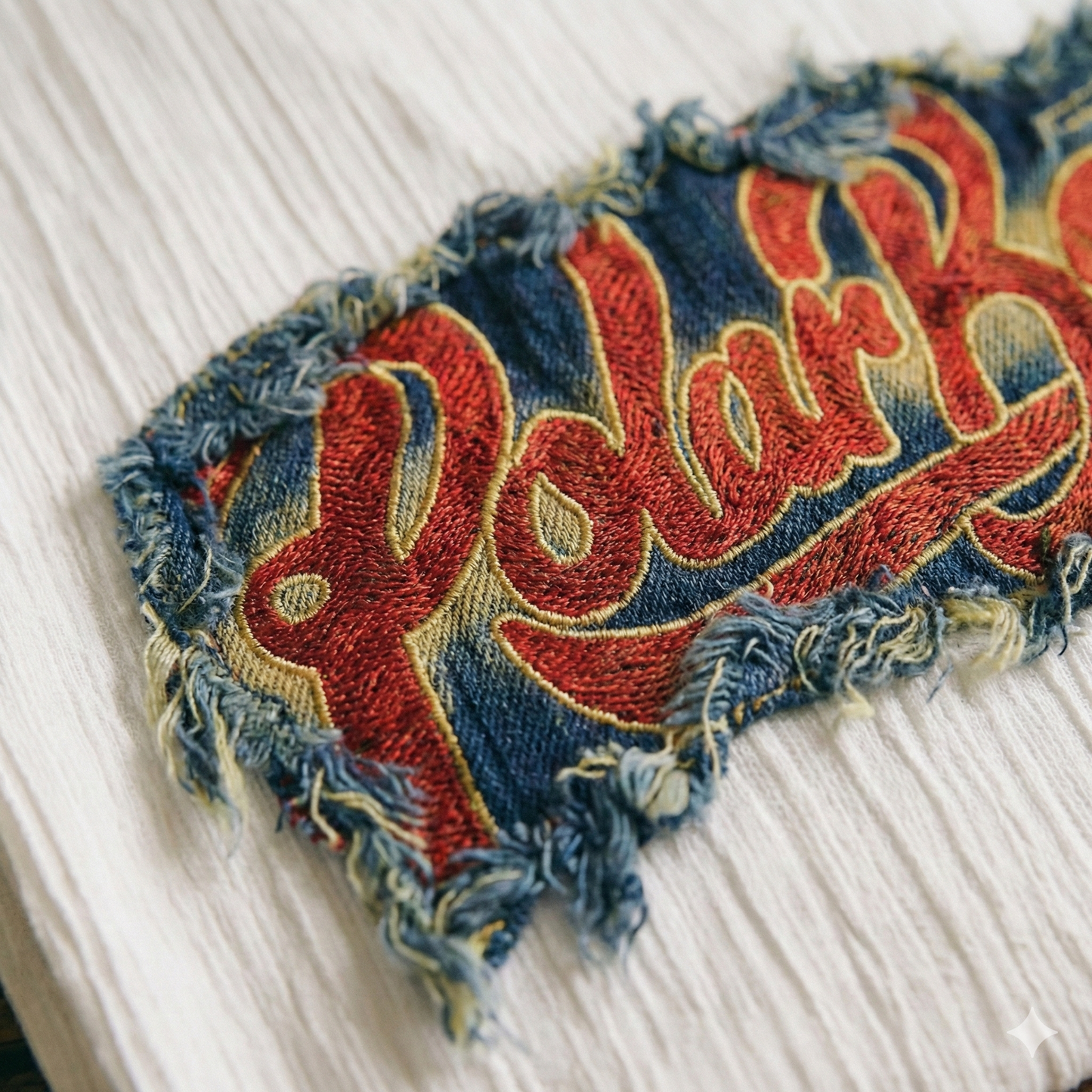 Close up of stitched denim patch on white t-shirt.