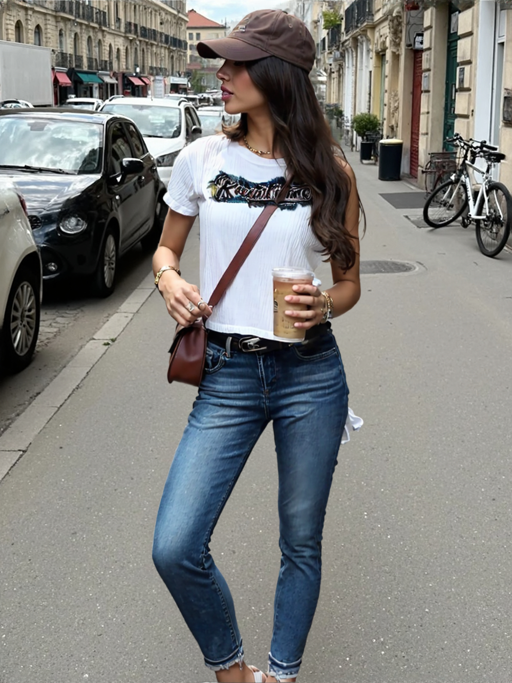 wearOn Artistic "Jeans Patch" Graphic Tee - Side Slit