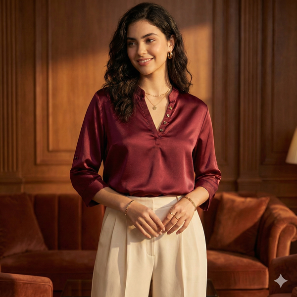 WEARON Luminous Satin Blouse in Red with high-shine drape.