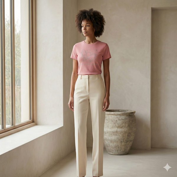 WEARON Crystal Heart Ribbed Tee in Pink, rhinestone heart motif on premium ribbed cotton.
