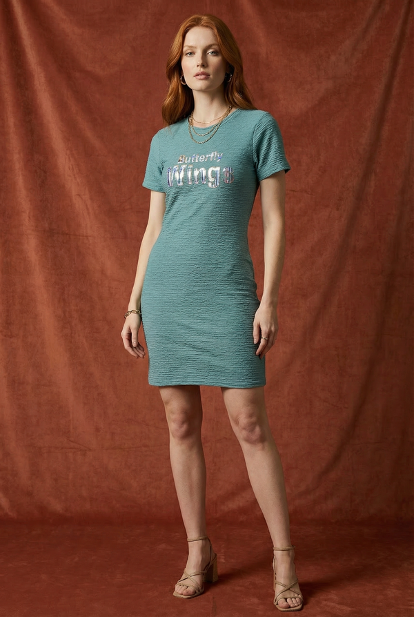 Full body view of WEARON Iridescent Slogan Mini Dress in Teal with iridescent Butterfly Wings graphic, terracotta velvet backdrop.