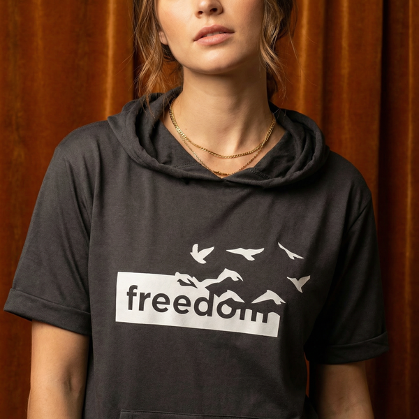 Close-up of WEARON Short-Sleeve Hoodie Tee in Charcoal showing Freedom birds graphic and pullover drawstring hood.