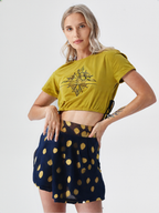 wearOn Golden Hour Crop Top - Mustard Yellow Cinched Waist Boho Tee for Women