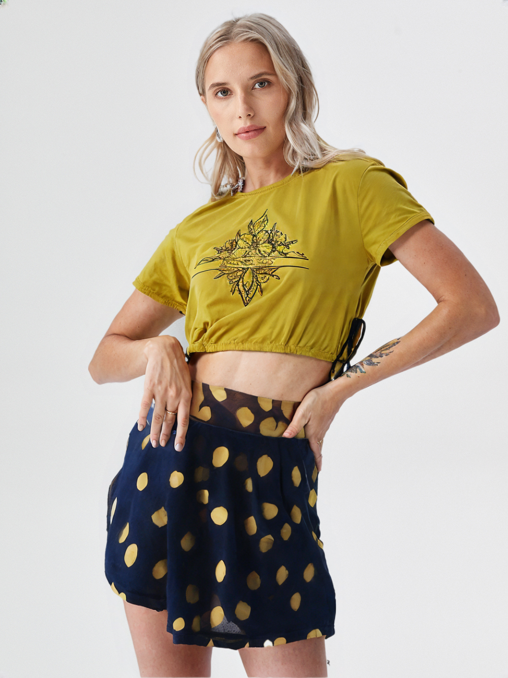 wearOn Golden Hour Crop Top - Mustard Yellow Cinched Waist Boho Tee for Women