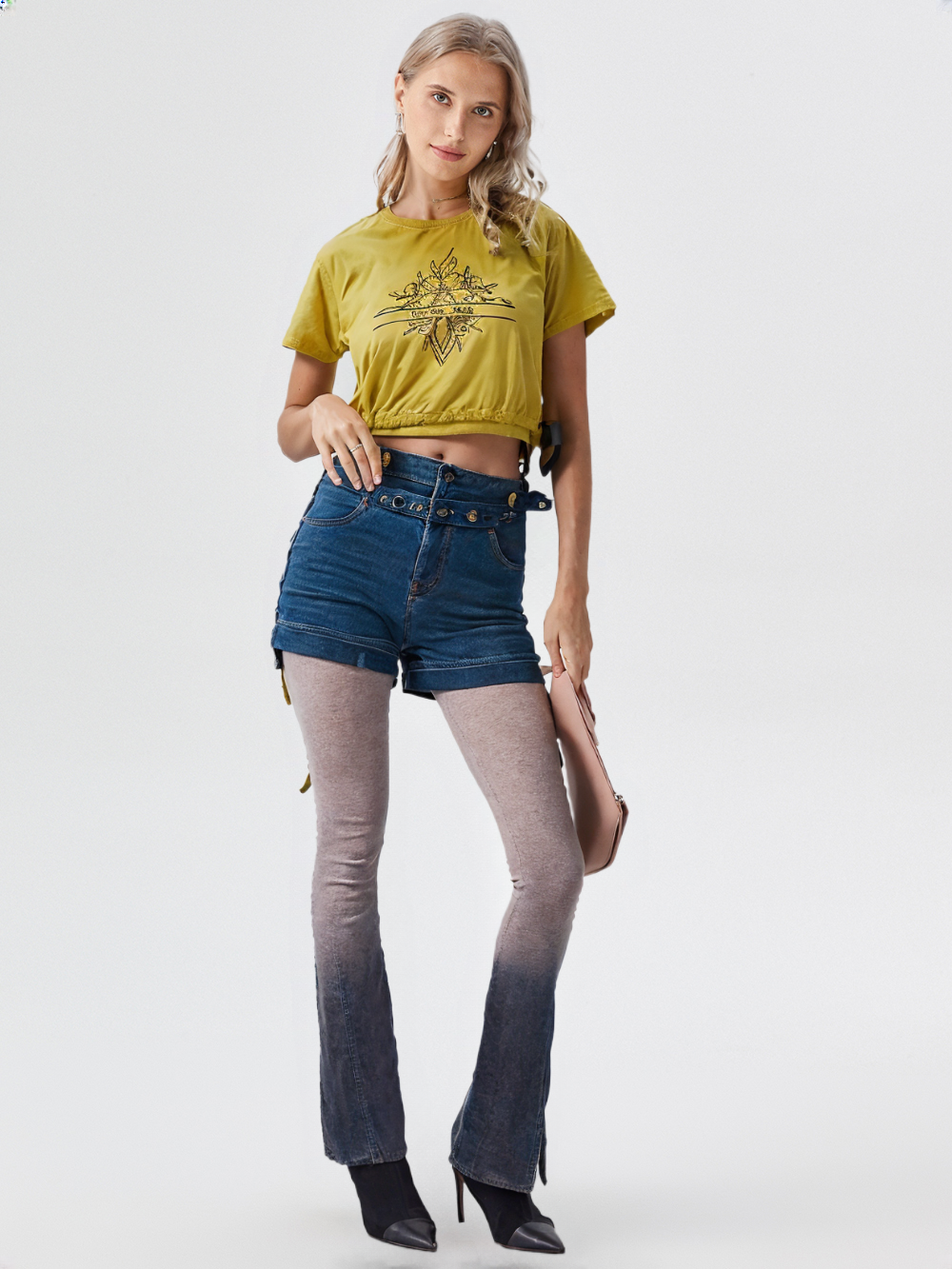 wearOn Golden Hour Crop Top - Mustard Yellow Cinched Waist Boho Tee for Women