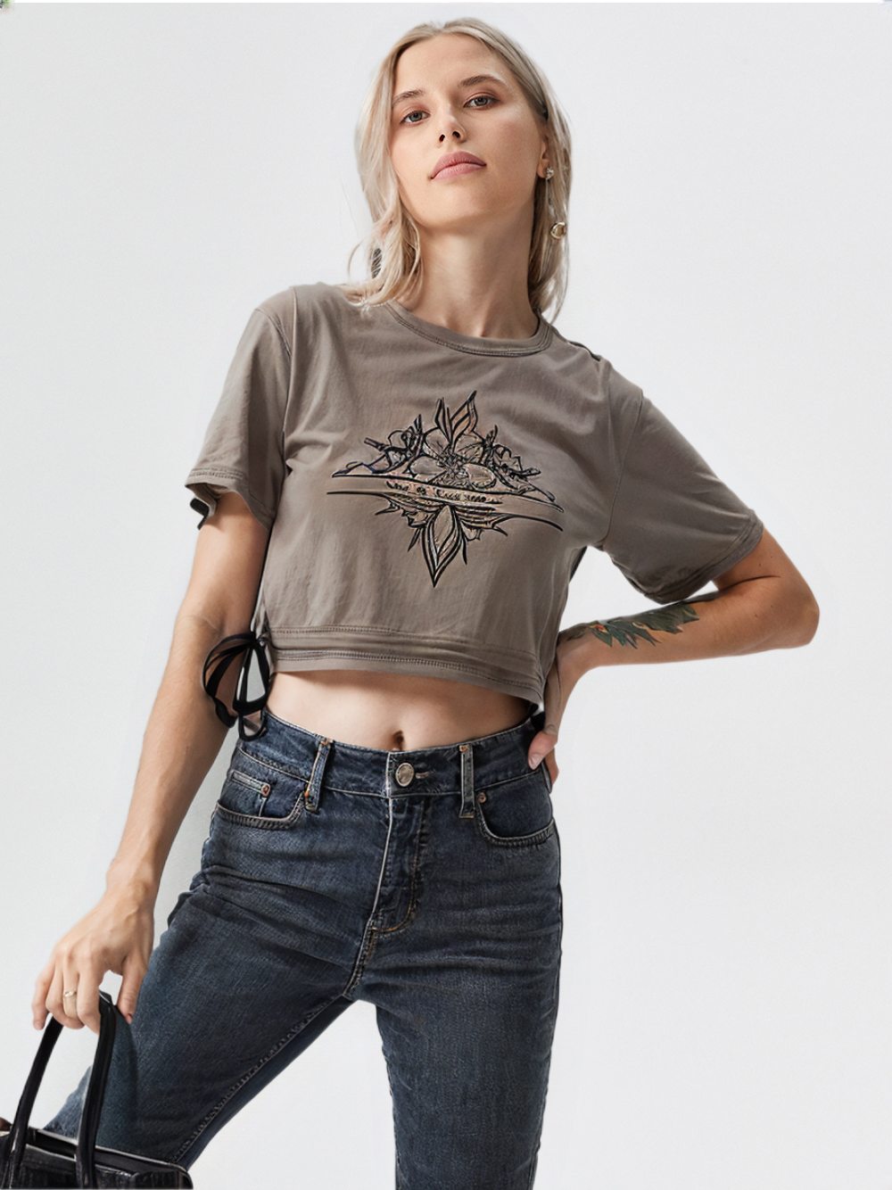 wearOn Desert Rose Crop Top - Terracotta Brown Side Tie Boho Tee for Women