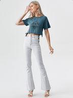 wearOn Botanical Bliss Crop Top - Slate Blue Oversized Side Tie Boho Tee for Women
