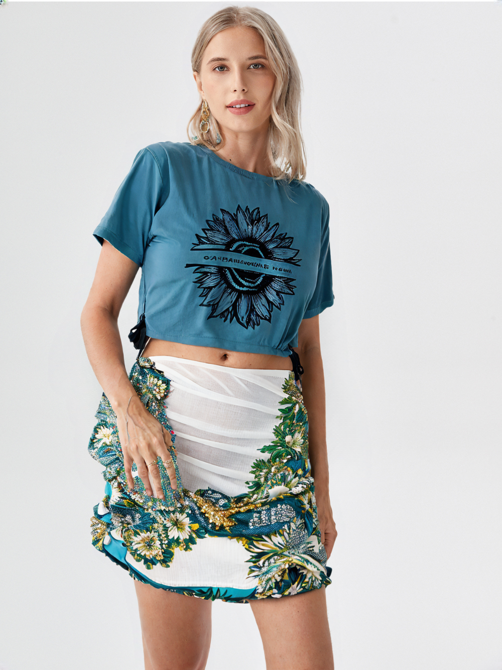 wearOn Sunflower Mandala Drawstring Crop Top - Teal Blue Festival Statement Tee