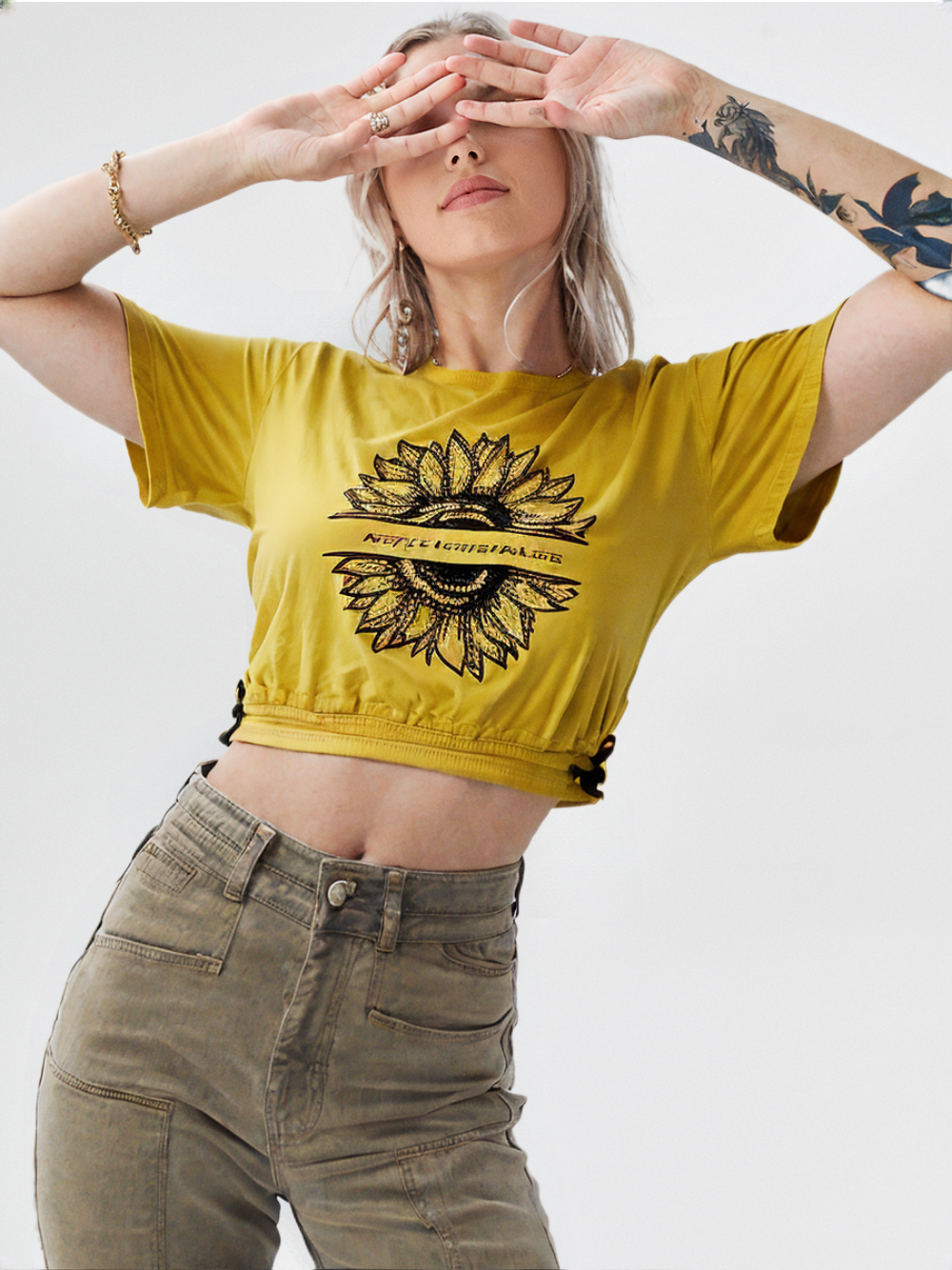 wearOn Sunset Bloom Crop Top - Terracotta Rose Side Tie Boho Tee for Women