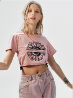 wearOn Dreamy Heart Crop Top - Mauve Pink Side Tie Short Sleeve Top