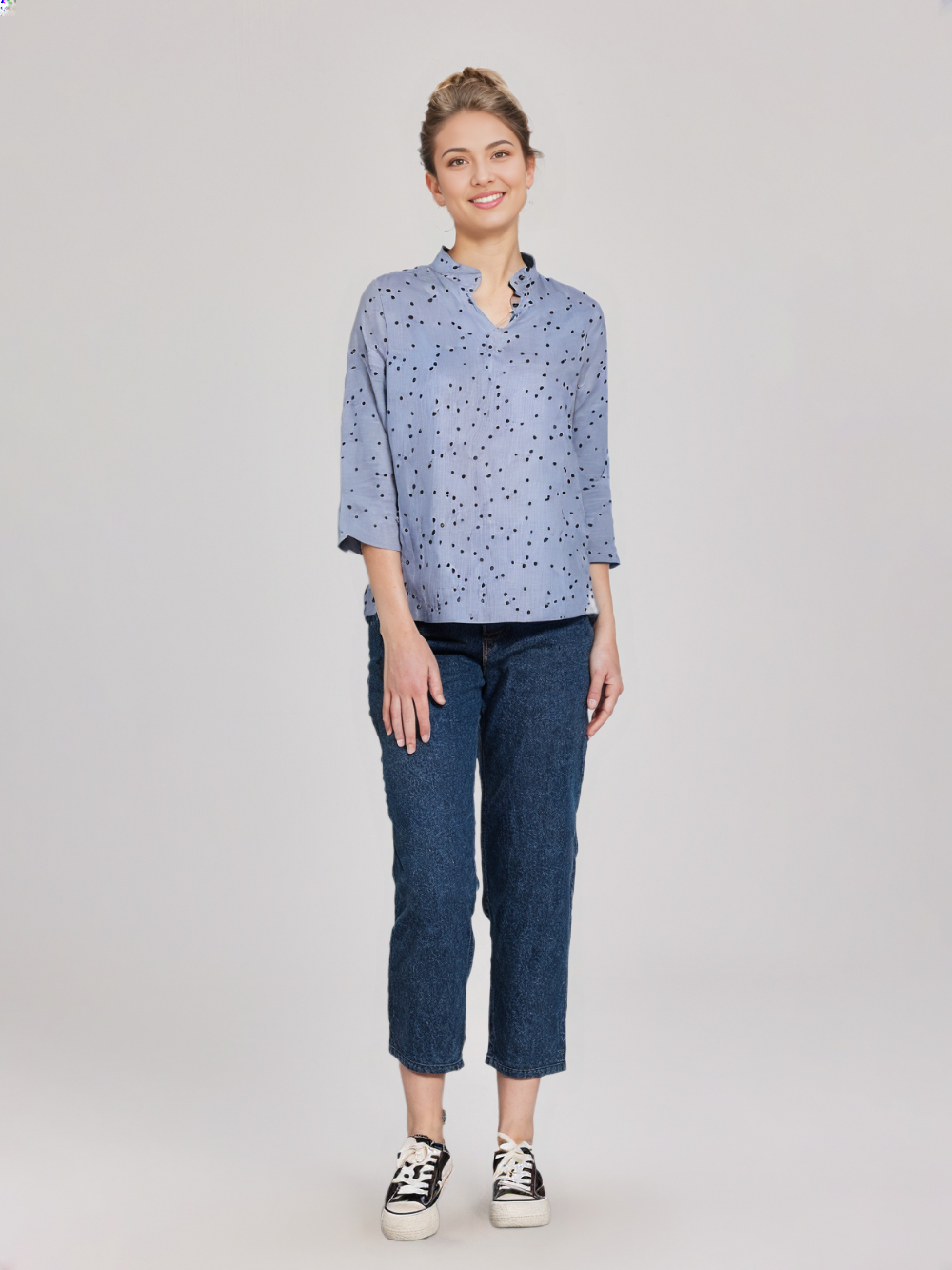 wearOn Powder Blue Polka Dot Oversized Blouse - Women's Relaxed Fit Long Sleeve Shirt with Black Dot Print