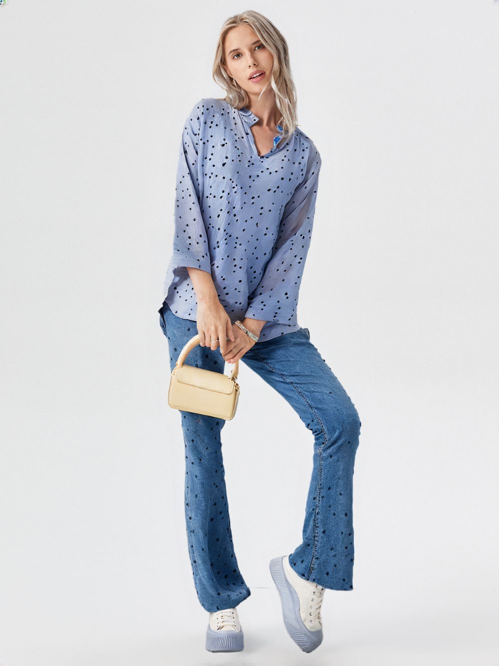 wearOn Powder Blue Polka Dot Oversized Blouse - Women's Relaxed Fit Long Sleeve Shirt with Black Dot Print