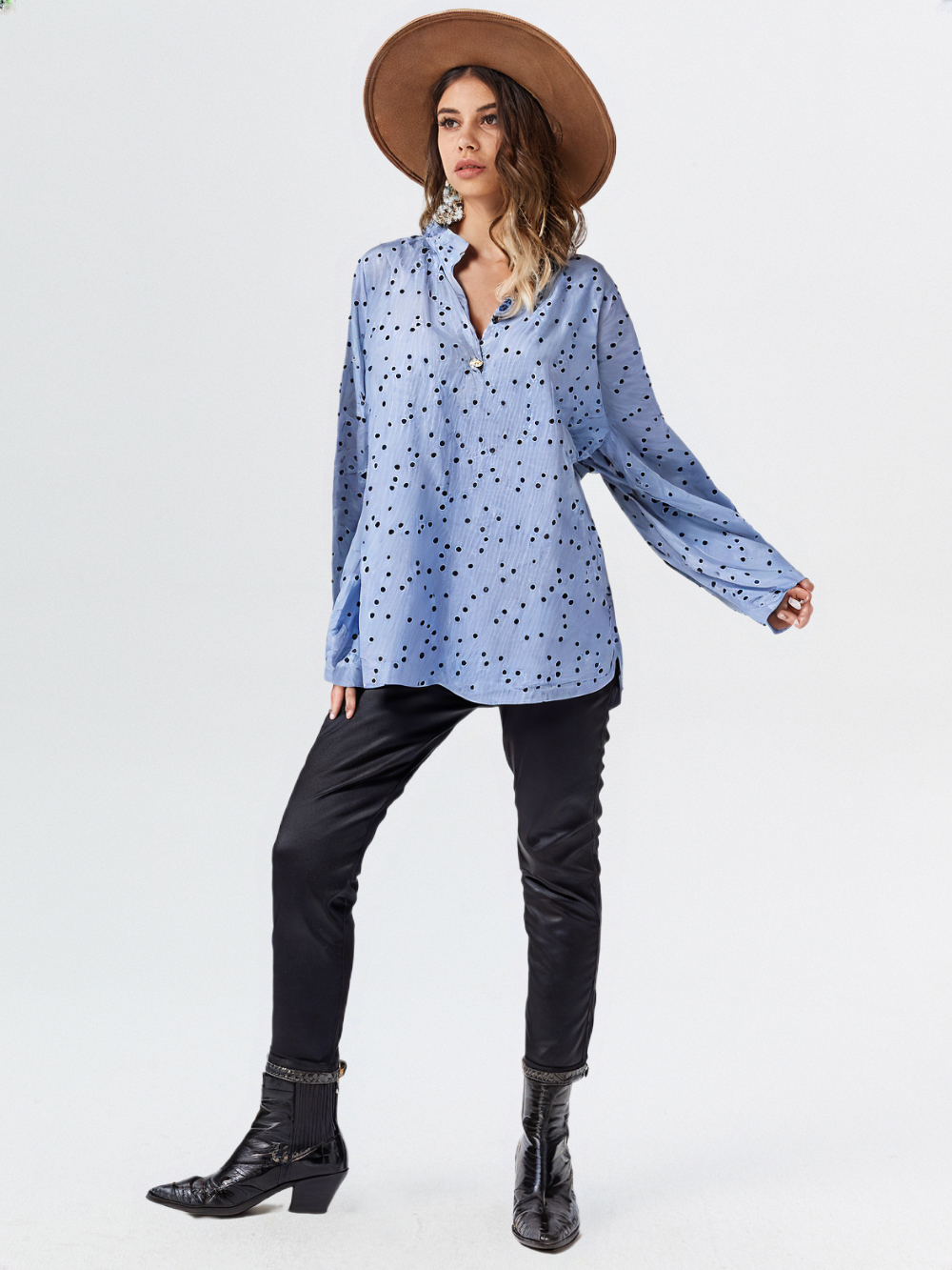 wearOn Powder Blue Polka Dot Oversized Blouse - Women's Relaxed Fit Long Sleeve Shirt with Black Dot Print