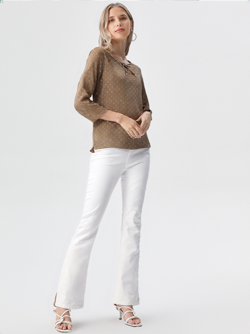 wearOn Dust Polka Dot Tie-Neck Top - White Dots Three Quarter Sleeve Blouse for Women