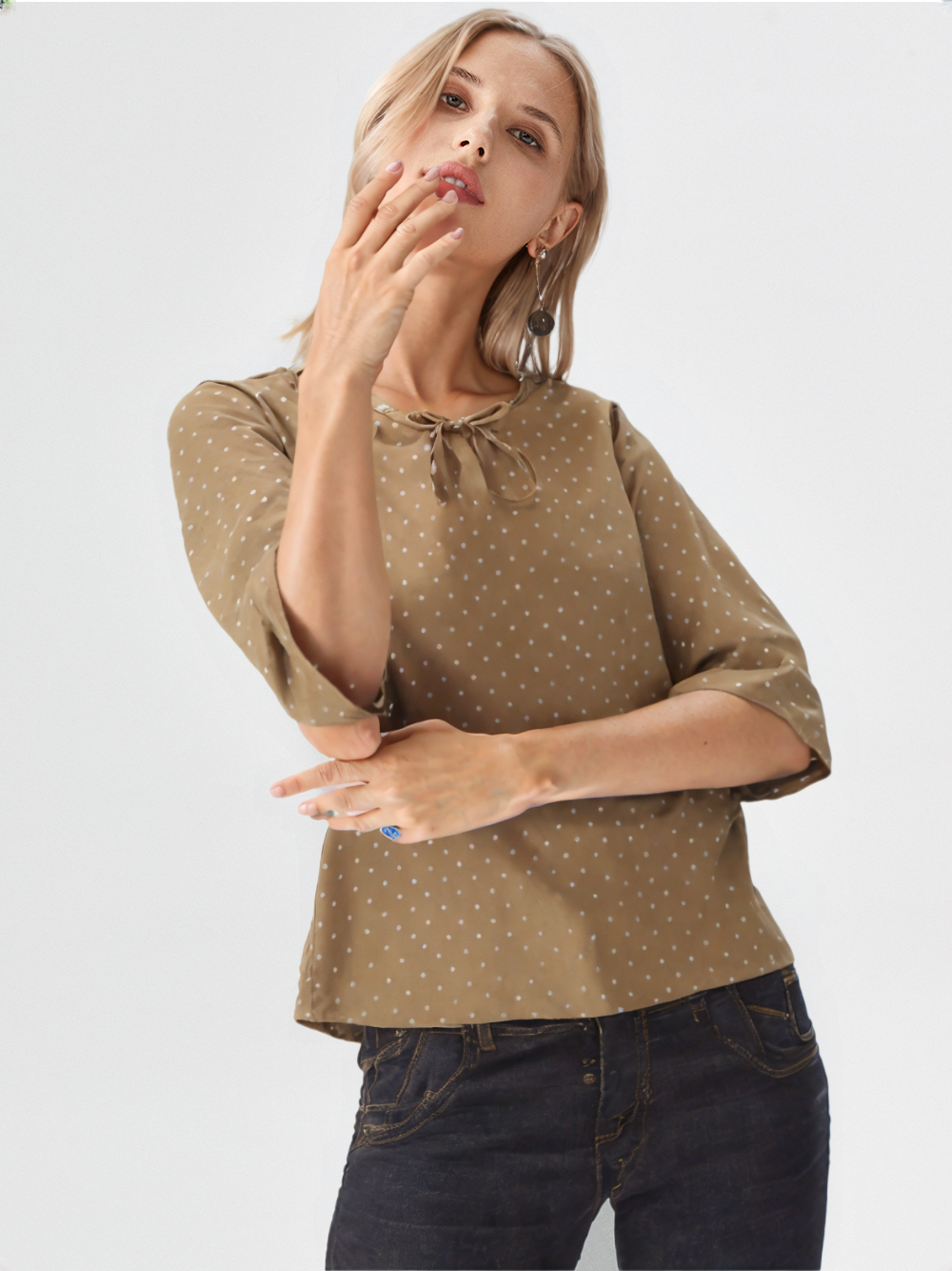 wearOn Dust Polka Dot Tie-Neck Top - White Dots Three Quarter Sleeve Blouse for Women