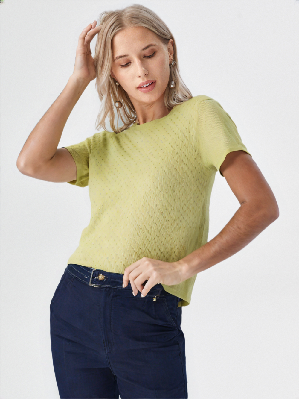 wearOn Soft Yellow Textured T-Shirt - Relaxed Fit Short Sleeve Top with Subtle Dot Pattern - WearOn