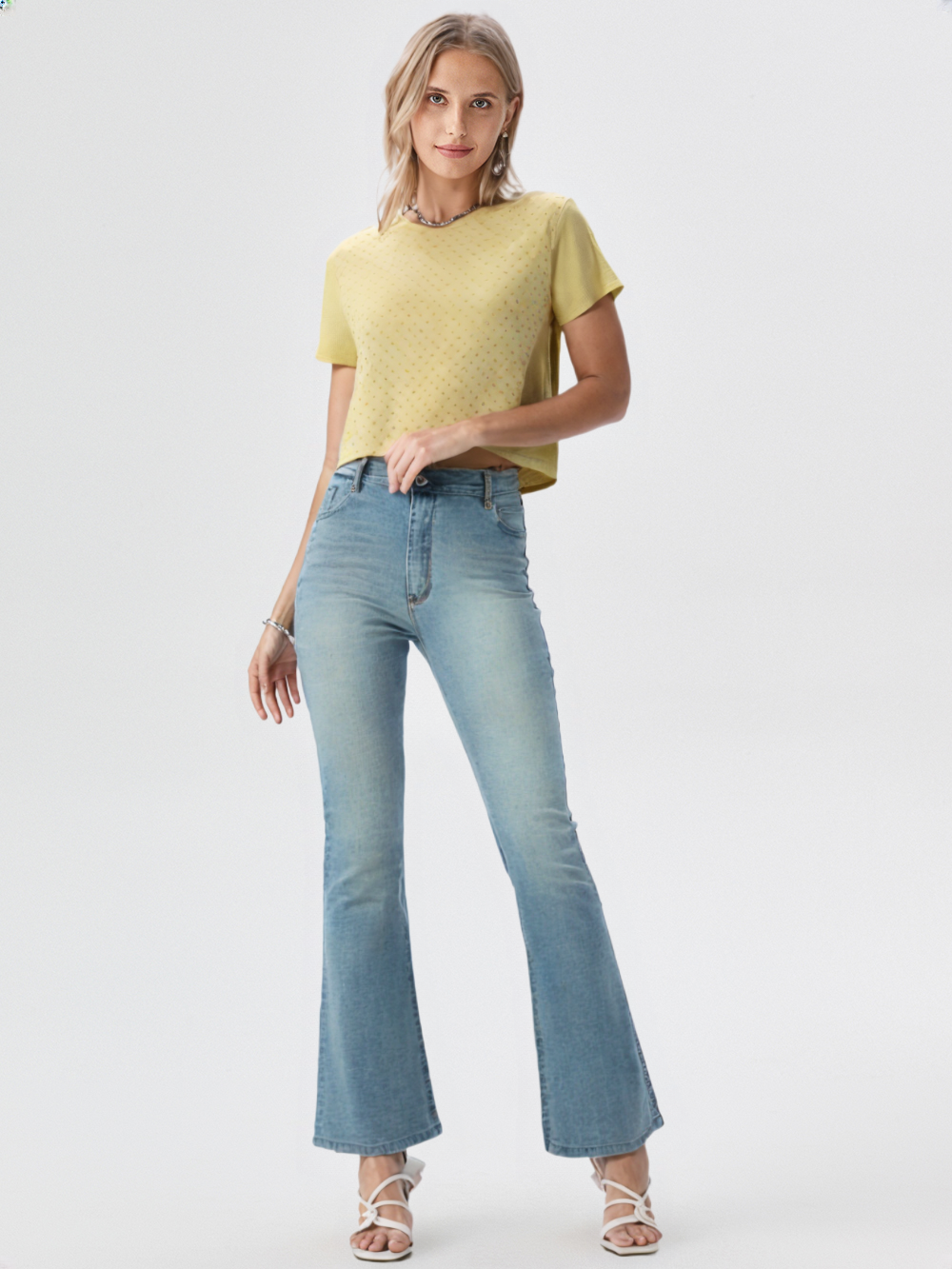 wearOn Soft Yellow Textured T-Shirt - Relaxed Fit Short Sleeve Top with Subtle Dot Pattern - WearOn