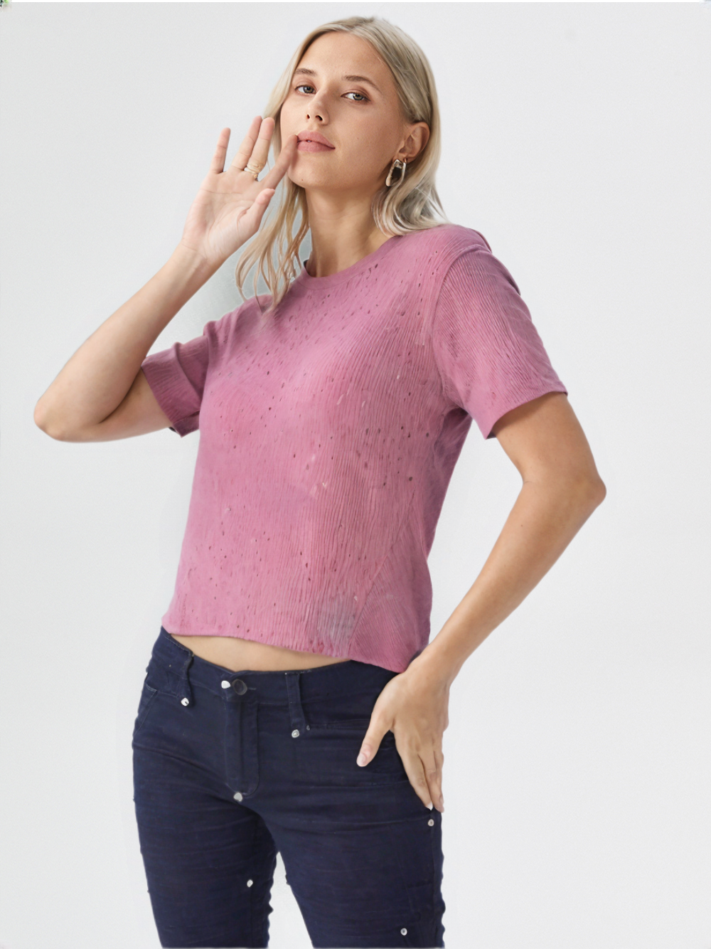wearOn Dusty Rose Ribbed Essential Tee - Vintage-Inspired Short Sleeve Top for Women