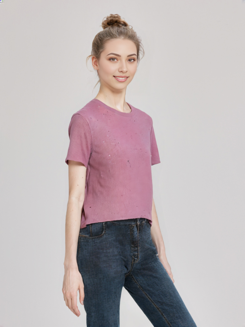 wearOn Dusty Rose Ribbed Essential Tee - Vintage-Inspired Short Sleeve Top for Women