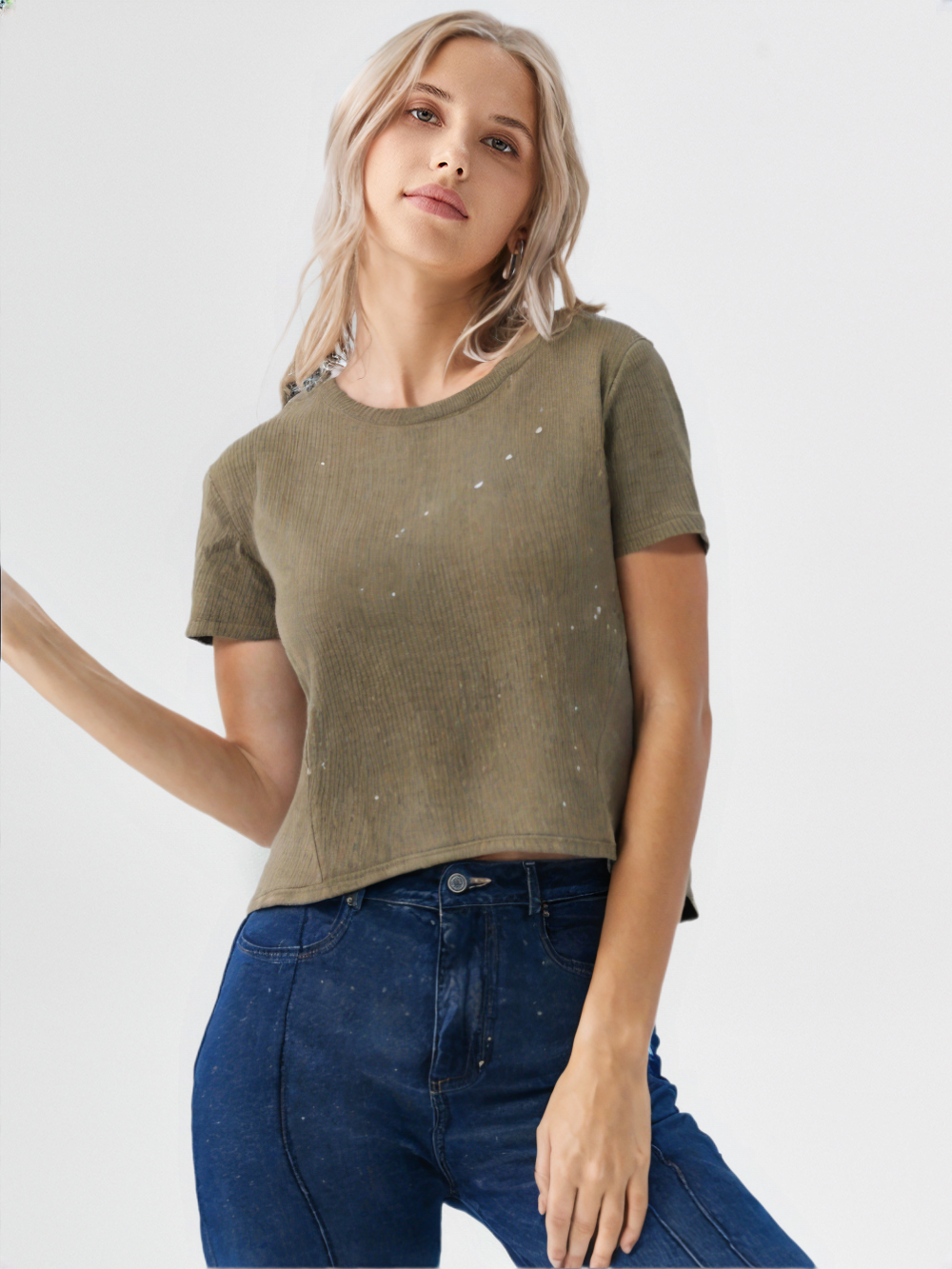 wearOn Olive Green Sparkle Ribbed Tee - Elevated Essential Short Sleeve Top for Women