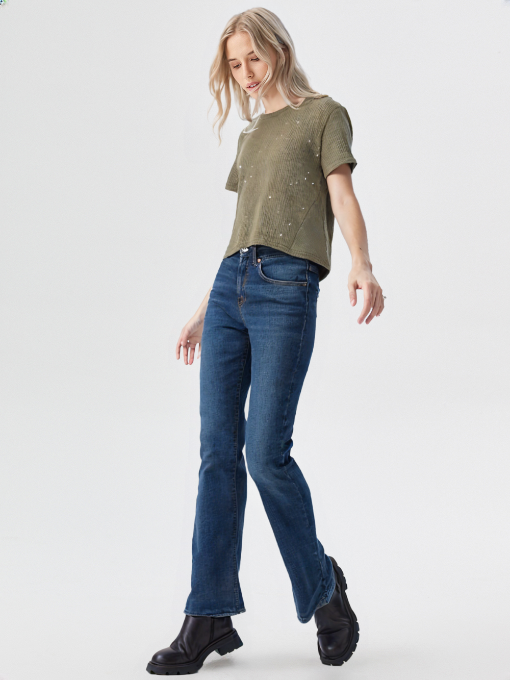 wearOn Olive Green Sparkle Ribbed Tee - Elevated Essential Short Sleeve Top for Women