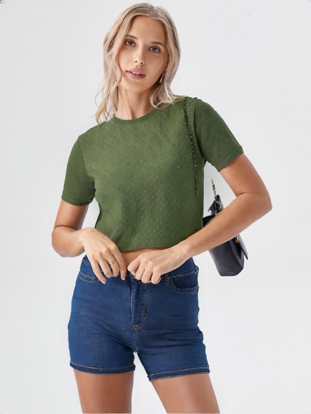 wearOn Sage Green Sparkle Ribbed Crop Top - Luxe Essential Short Sleeve Tee for Women