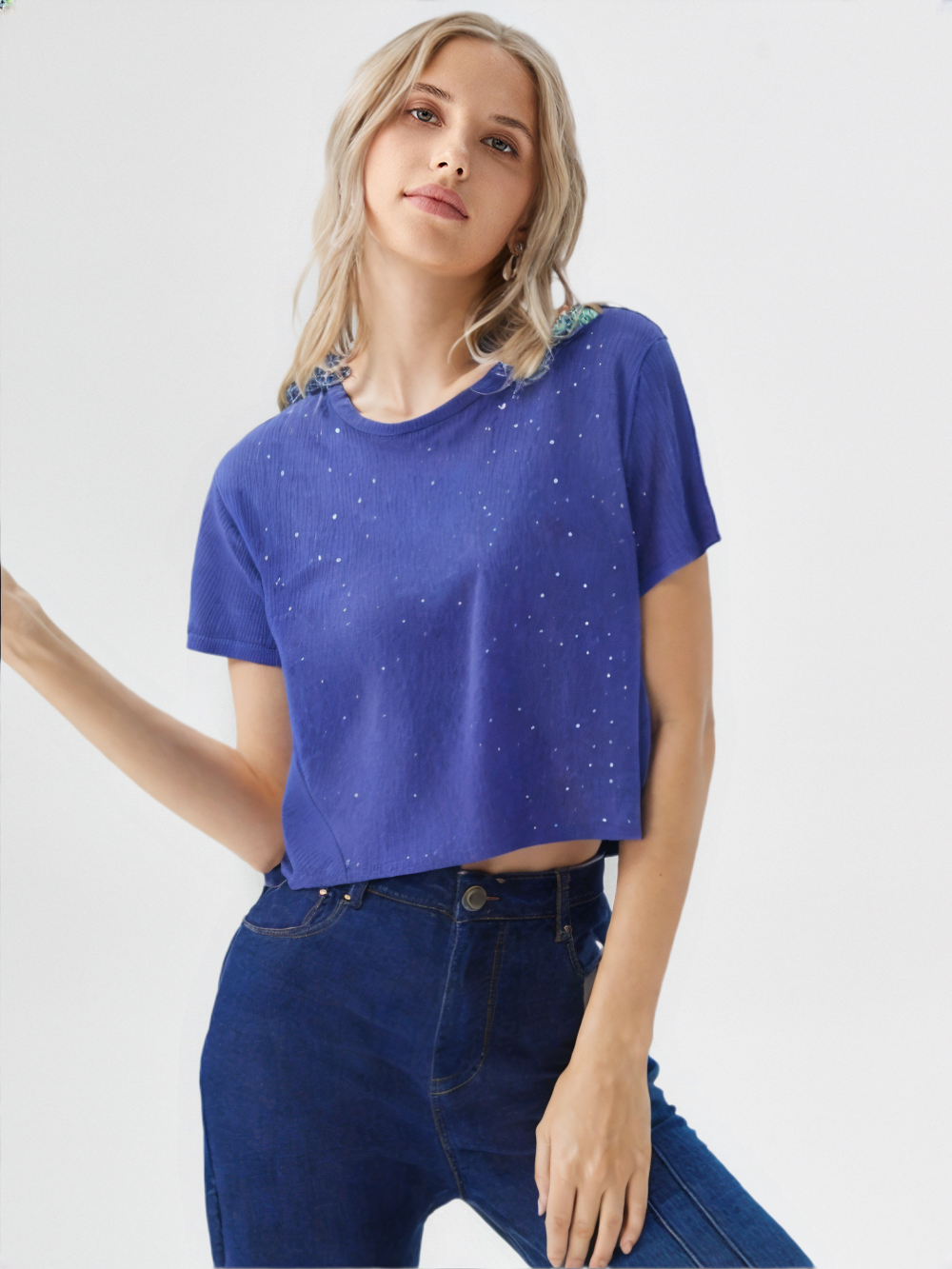 wearOn Royal Blue Starlight Crop Tee - Celestial Sparkle Short Sleeve Top for Women