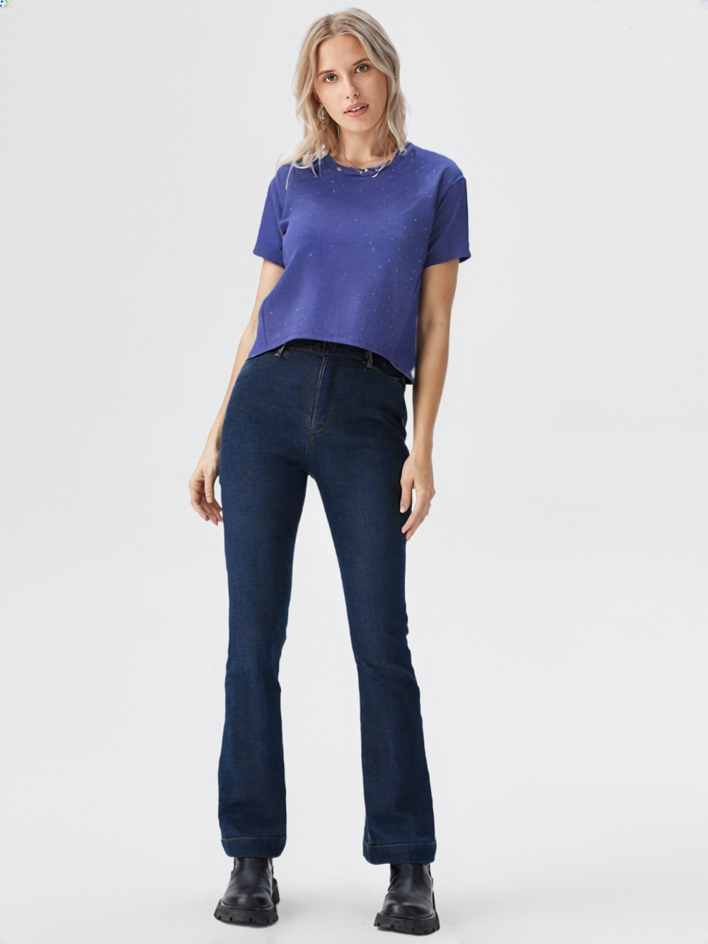 wearOn Royal Blue Starlight Crop Tee - Celestial Sparkle Short Sleeve Top for Women