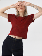 wearOn Burgundy Sparkle Crop Tee - Power Red Dotted Short Sleeve Top for Women