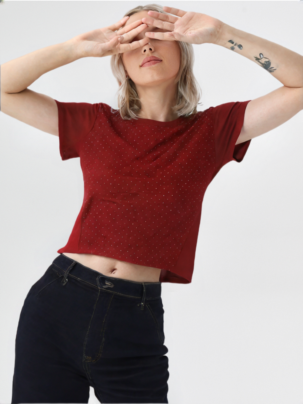 wearOn Burgundy Sparkle Crop Tee - Power Red Dotted Short Sleeve Top for Women