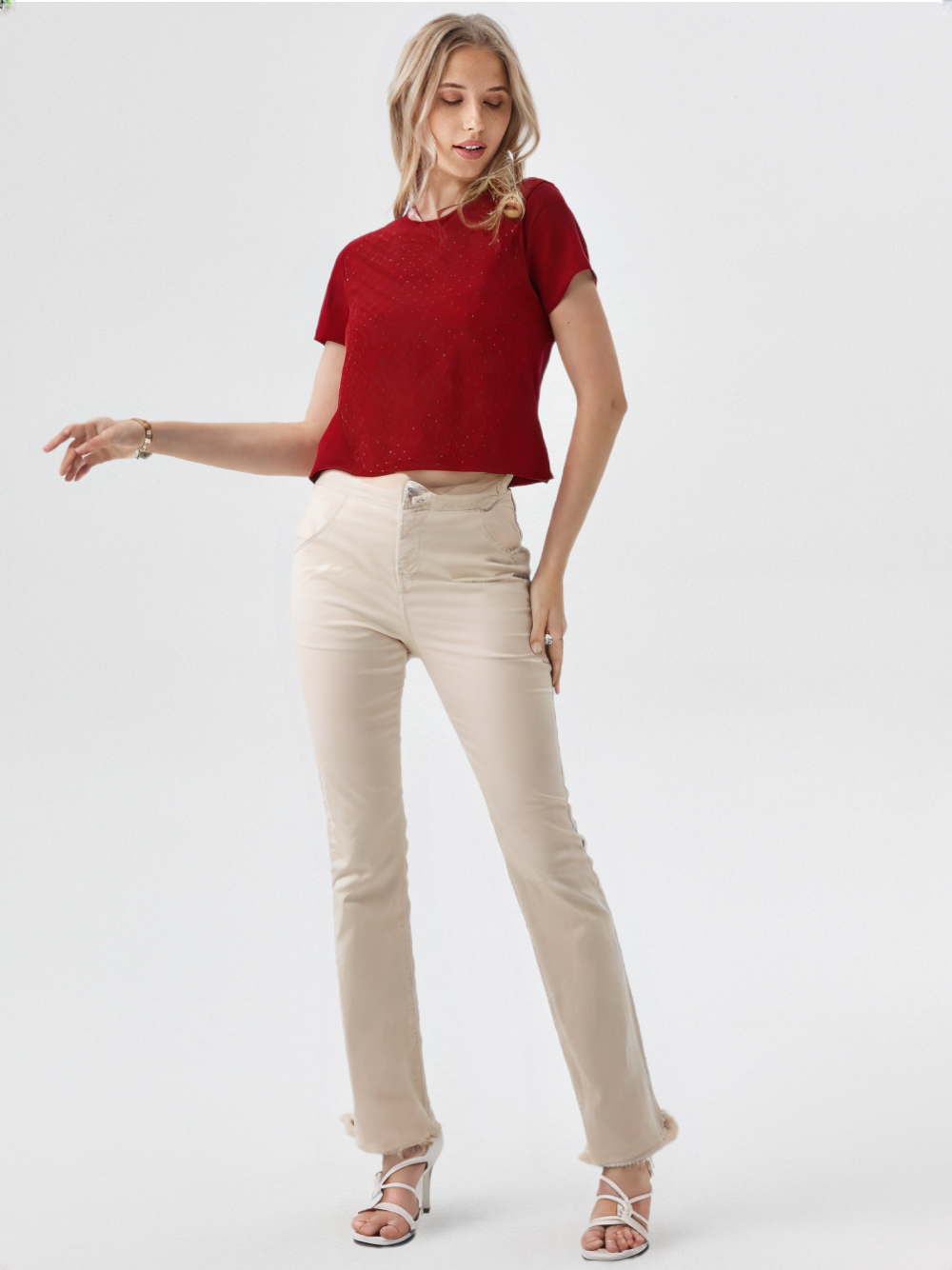 wearOn Burgundy Sparkle Crop Tee - Power Red Dotted Short Sleeve Top for Women