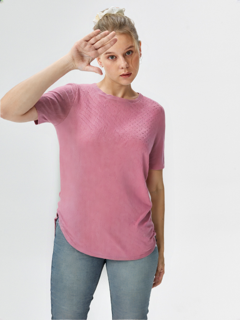 wearOn Coral Pink Perforated Knit Tee - Short Sleeve Textured Detail - Premium Cotton Blend Top