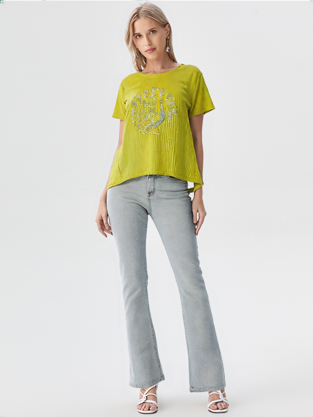 wearOn Women's Sparkle Rose Graphic Tee - Citrine Yellow Ribbed Short Sleeve Top