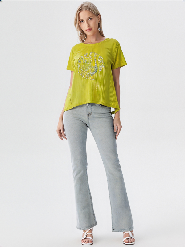 wearOn Women's Sparkle Rose Graphic Tee - Citrine Yellow Ribbed Short Sleeve Top - WearOn