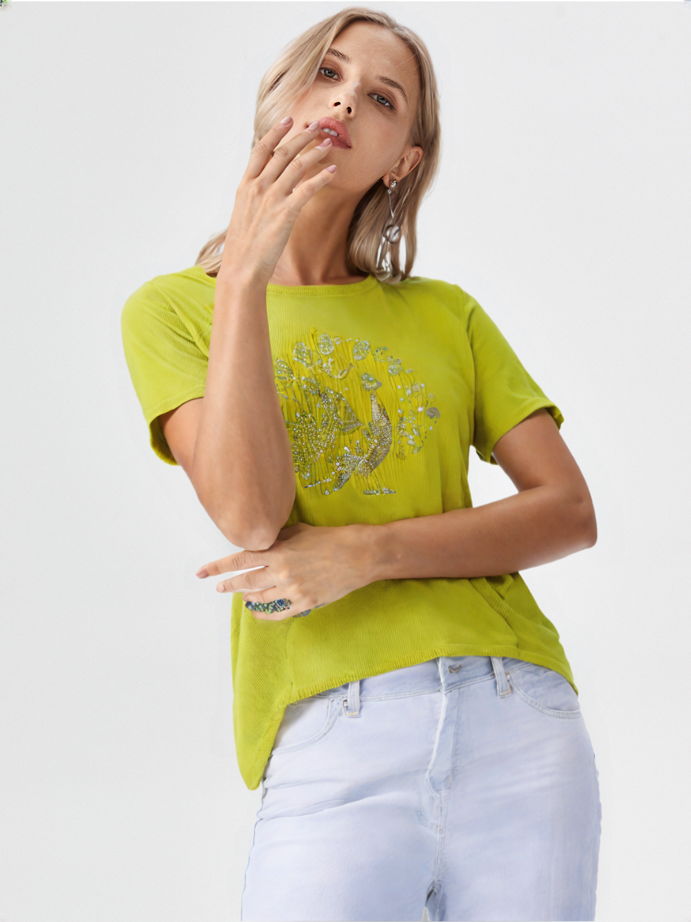 wearOn Women's Sparkle Rose Graphic Tee - Citrine Yellow Ribbed Short Sleeve Top