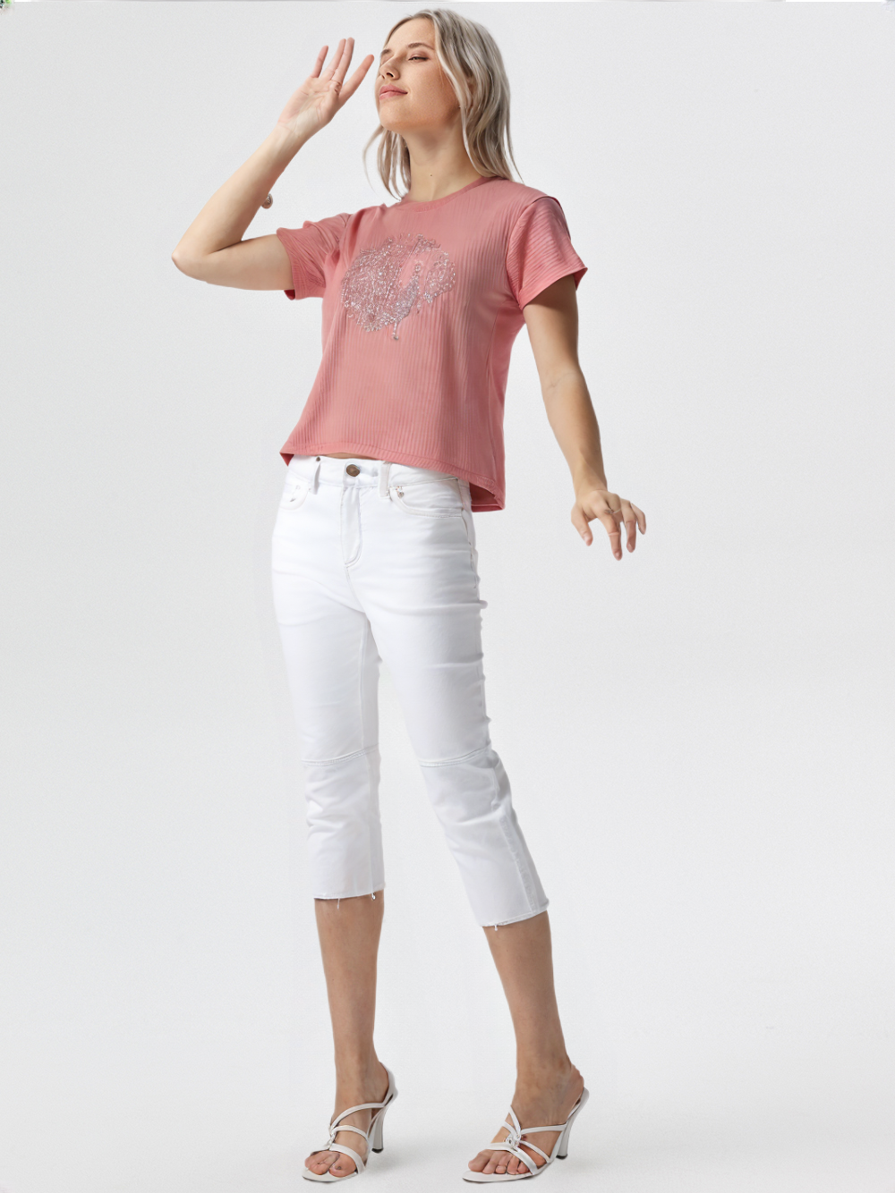 wearOn Women's Sparkle Rose Bloom Tee - Terracotta Pink Ribbed Short Sleeve T-Shirt