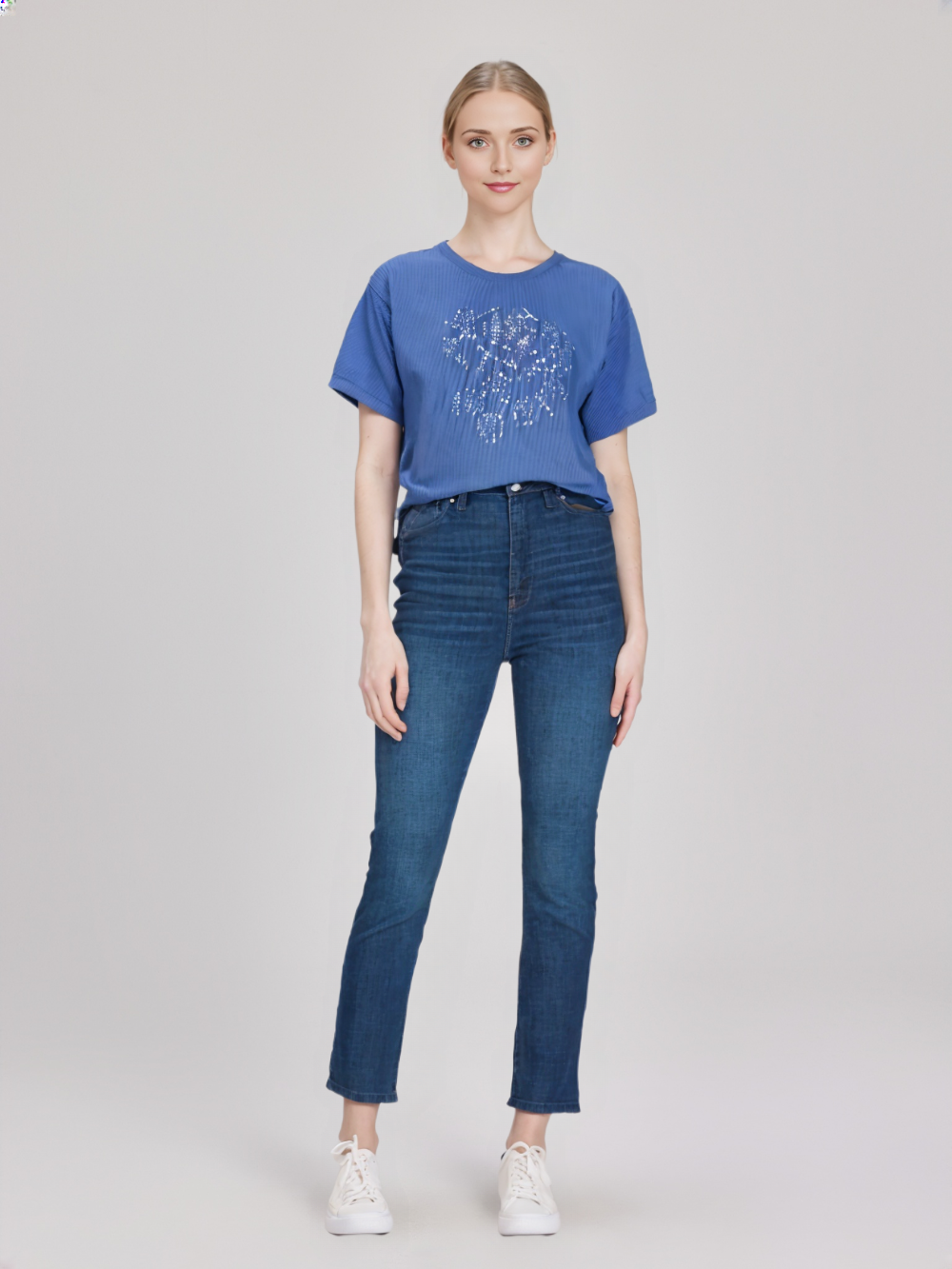 wearOn Women's Celestial Tree Crop Top - Soft Blue Graphic Tee Short Sleeve