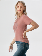 wearOn Women's Sparkle Rose Bloom Tee - Terracotta Pink Ribbed Short Sleeve T-Shirt