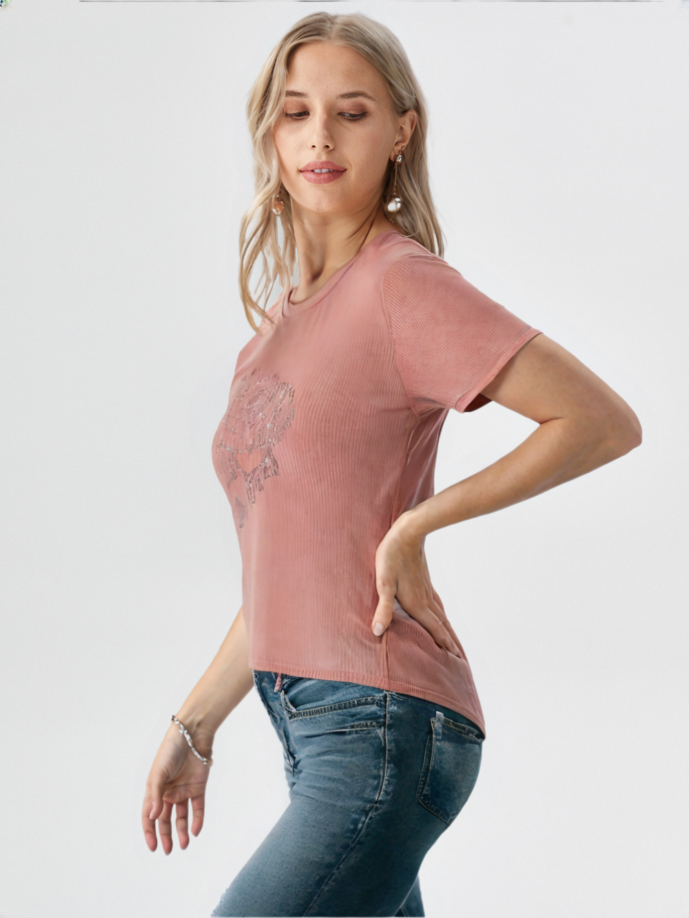 wearOn Women's Sparkle Rose Bloom Tee - Terracotta Pink Ribbed Short Sleeve T-Shirt