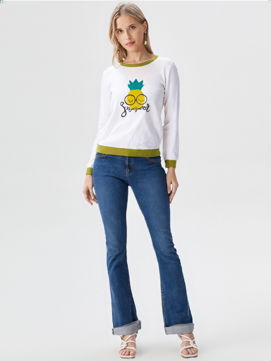 wearOn Long Sleeve Terrycloth Embroidered Top with Ribbed Detail
