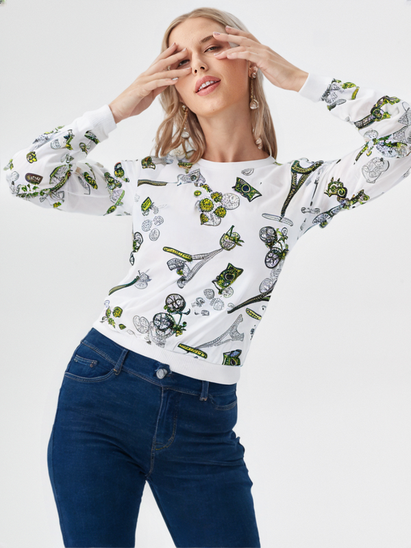 (Ld Blouse white PTD L/S W/rib #452) (Color 1)