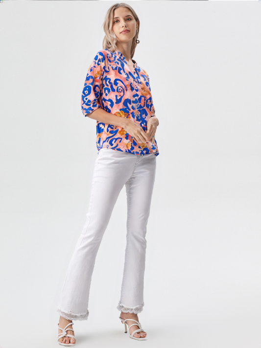 wearOn Abstract Print Button-Front Blouse - Mid Sleeve