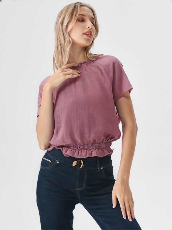 wearOn Dusty Rose Smocked Top - Ruched Neckline Short Sleeve Blouse with Elastic Hem