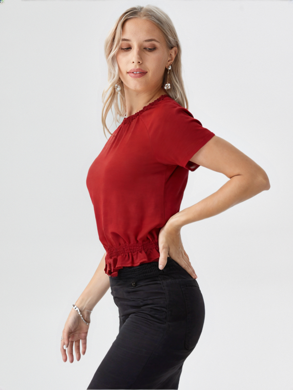 wearOn Bold Red Smocked Top - Ruched Neckline Short Sleeve Blouse with Elastic Hem