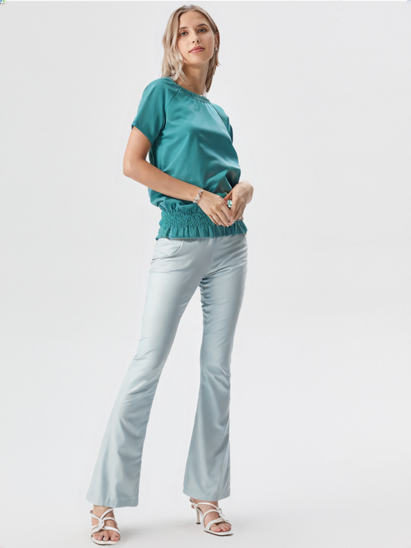 wearOn Sage Green Smocked Top - Ruched Neckline Short Sleeve Blouse with Elastic Hem