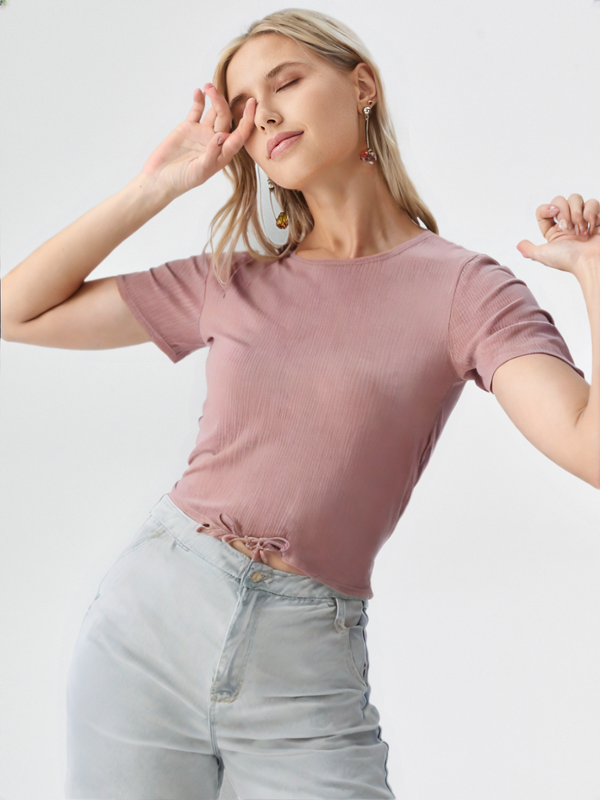 wearOn Ribbed Crop Tee - Dusty Rose Essential - Soft Cotton Blend Short Sleeve Top